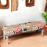 Asteria Solid Wood 2 Seater Bench In Multi Colour Israel Print Kantha Fabric