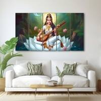 The Castle Decor Goddess Saraswati Wall Painting Wooden Framed 27x48 Inch (Style 1)