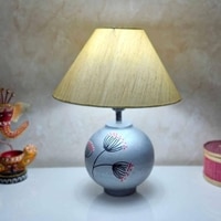 Amaro Handmade & handpainted Silver colour Wooden matka lamp with Cotton Beige shade