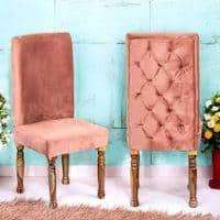 Rosslyn wood Accent Set of 2 Dining Chairs in Coral Pink Velvet Upholstery with TEAK FINISH