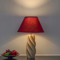 BURFORD  Distress White Finish  Wood  Table Lamp With Maroon Cotton Shade