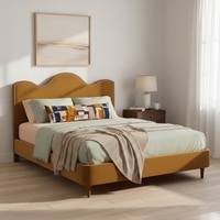 Solara Wave Luxe Queen Size Bed in velvet With Oak wood Frame & Hydraulic Storage