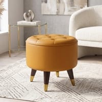 Rene Tuffed Pouffee In Mango Walnut Finish with Mustard Leatherette Colour