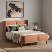 Valerio Duo-Panel Luxe Queen Size Bed in Antique Rose colour Velvet with Oak wood Frame