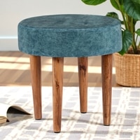 Nayla Solid Wood Stool in Textured Cyan Blue Jackard fabric