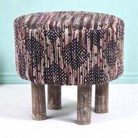 Morgan Solid Wood Pouf Stool in Black Diamond Jackard fabric
