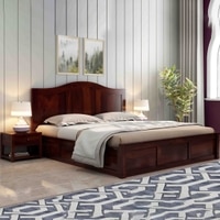 Sniu Solid Wood Queen  Size Bed Without Storage (Walnut Finish)