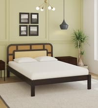 Rattan Solid Wood King  Size Bed Without Storage (Walnut Finish)