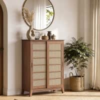 Fujiwara 24 Pair Solid Wood and Cane Shoe Cabinet In Amber Walnut Finish