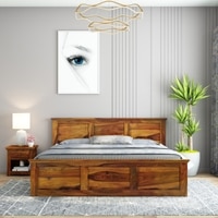 Stainfiled Solid Wood Queen Size Bed In Hydraulic Storage Bed In Honey Oak Finish