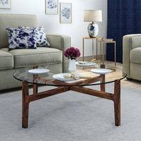 Cayman Round Sheesham Wood And Tempered Glass Coffee Table In Teak Finish