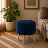 Doe Buck Parker Velvet Round Ottoman Stool in Blue Colour with Wooden Legs