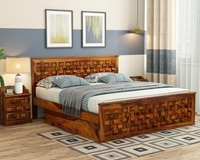 Moglis Solid Wood King  Size Bed With Drawer Storage Bed In Honey Oak Finish