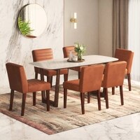 Adria Karara Quitese Top Dining Table With Set Of 6 Ludo Dining Chairs (Colour- Tan Leatherette, Finish- Carara White)