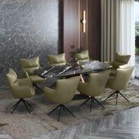 Aeris Ceramic 6 to 8 Seater Extendable Dining Table in Black Jade With Beck Dining Chair in Olive Leatherrete Fabric