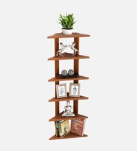 Bluewud Wudville Braine Engineered Wood Wall Mount Corner Shelf, Display Rack, (6 Tringle Shelves - Walnut)