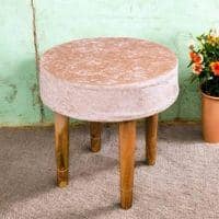 Nayla Solid Wood Stool in Ivory Sparkle Velvet Fabric