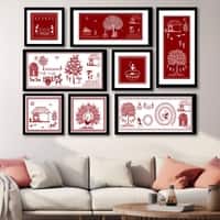 The Castle Decor Traditional Warli Art Wall Painting Set of 8 Design 3