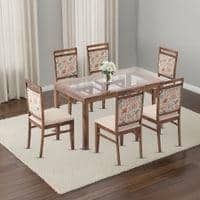 Floyd 6 Seater Glass Top Dining Table With Set Of 6 Alaine Dining Chairs (Colour- Calico Floral Retreat and Pony Beige, Finish- Teak)