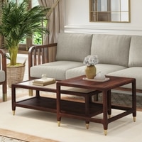 Sera Rectangular Marble and Square Solid Wood Nested Coffee Table in Walnut Finish