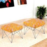 Asansol Sheesham Wood Mid Century Square Set of 2 Stools     in Bird Print Orange Kantha Upholstery