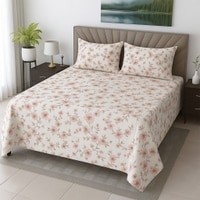 Cream Floral 400 TC Cotton Flat Queen Size Bedsheet With 2 Pillow Covers  Threads