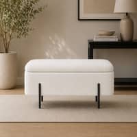 Doe Buck Luxury Boucle Storage Bench in White Colour with Black Metal Legs