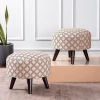 Quad Jacquard Wooden Ottoman in Black & Cream Color Set of 2