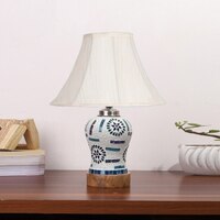 Devansh Off-White Cotton Shade Lamp With Wood & Mosaic Glass Base For Decoration/Office/Home/Gifting/Study For Decoration/Office/Home/Gifting/Study