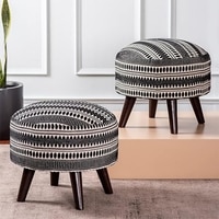 Bohemian Jacquard Wooden Ottoman in Black & Off White Set of 2