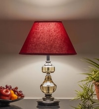 Bompton Nickel Finish Metal And Smoke Crystal Table Lamp With Maroon Cotton Shade