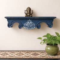 GrayBlue Colour Solid Wood Handcarved Shila Floating Wall Shelf with block printing by DisooFashions