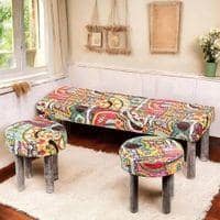 Asteria Solid Wood 2 Seater Bench Set With 2 Stools In Multi Colour Israel Print Kantha Fabric