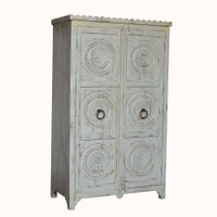 Franklin solid wood wardrobe cabinet in white distress with carving