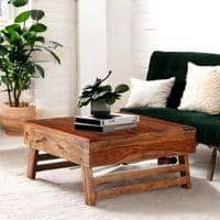 Bradford Sheesham Wood Contemporary Square Foldable Coffee Table In Natural Teak Finish