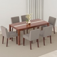 Atlas Crest Storage Solid Wood 6 Seater Dining Table With 6 Ludo Dining Chairs (Finish : Honey, Chair Colour : Shitake Beige)