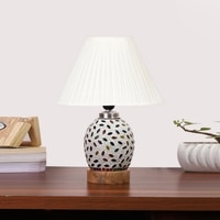 Devansh Off-White Cotton Straight Pleated Shade Lamp With Wood & Mosaic Glass Base For Decoration/Office/Home/Gifting/Study For Decoration/Office/Home/Gifting/Study