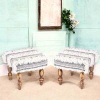 Lisbone Sheesham Wood Mid Century Square Set of 2 Stools in Grey Fabric   Fringes Upholstery