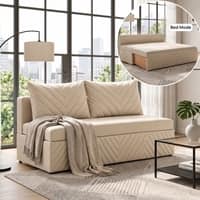 Marteen 2 Seater Velvet Pull Out Sofa Cum Bed in Cream Color With Storage