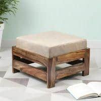 Amber Sheesham Wood Foot Stool in Teak Finish with Jute Beige Cushion