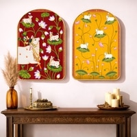 Pichwai Cow and Flowers Wall Art Painting Set of 2 with Gold Frame 16 x 24 Inch