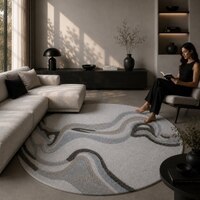 Handmade Round Wool Silk Rug Modern Wave Beige 7 Feet Carpet