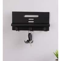 MDF Wood Wall Shelf with 3 Key Hooks in Black Colour