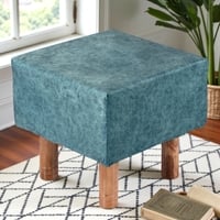 Verona Solid Wood Pouf Stool in Textured Cyan Blue Jackard fabric