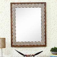 Hexagonal Design Bone Inlay Wooden Wall Mirror 30.5inx2inx38.5in