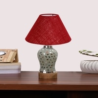 Devansh Conical Maroon Jute Shade Lamp With Wood & Mosaic Glass Base For Decoration/Office/Home/Gifting/Study For Decoration/Office/Home/Gifting/Study -(10X10X14.5) Inches -A
