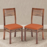 Zella Solid Wood Dining Chair Set Of 2 In Teak Finish With Burnt Orange Colour Fabric