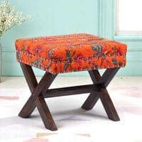 Rosslyn Solid Wood Pouf Stool in Bird Print Orange Ethnic Kantha fabric