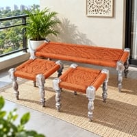 Hamilton Sheesham Wood Vintage 3 Seater Maachi Balcony Bench with 2 Stools in Orange Rope Canning