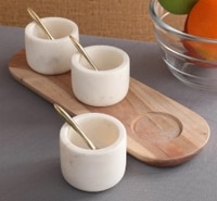 Wooden Tray with 3 Marble Containers for Spices, Salt, Candy, and 3 Brass Spoons"